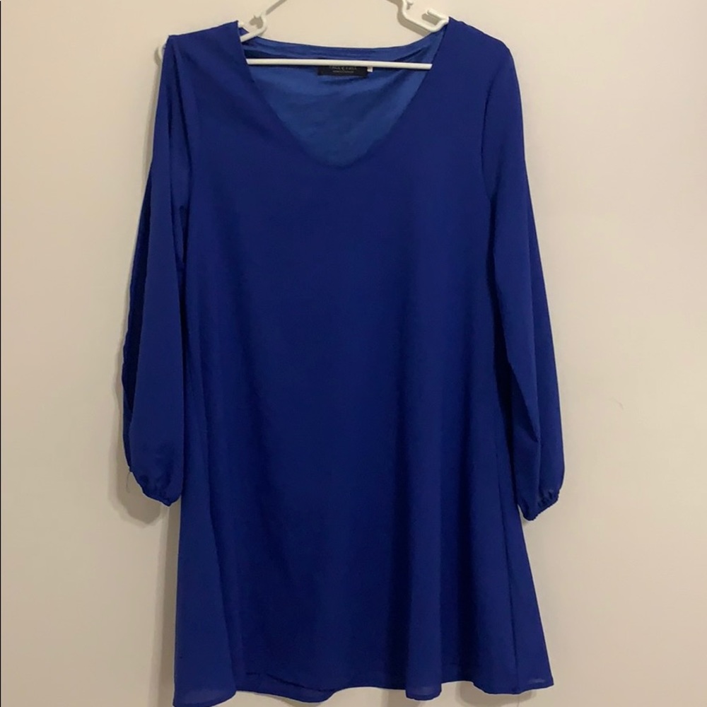 Face to face. Dark blue dress